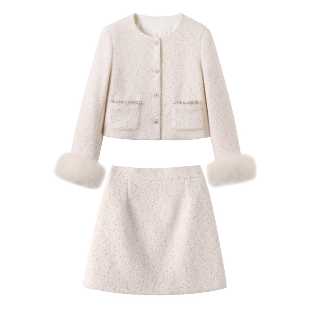 Winter chanelstyle fox fur short skirt duck down wool coat a set