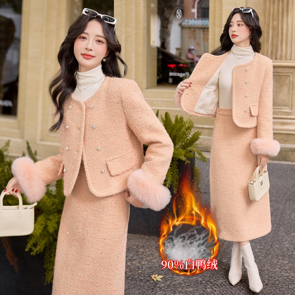 Winter fox fur skirt fiber wool long skirt a set