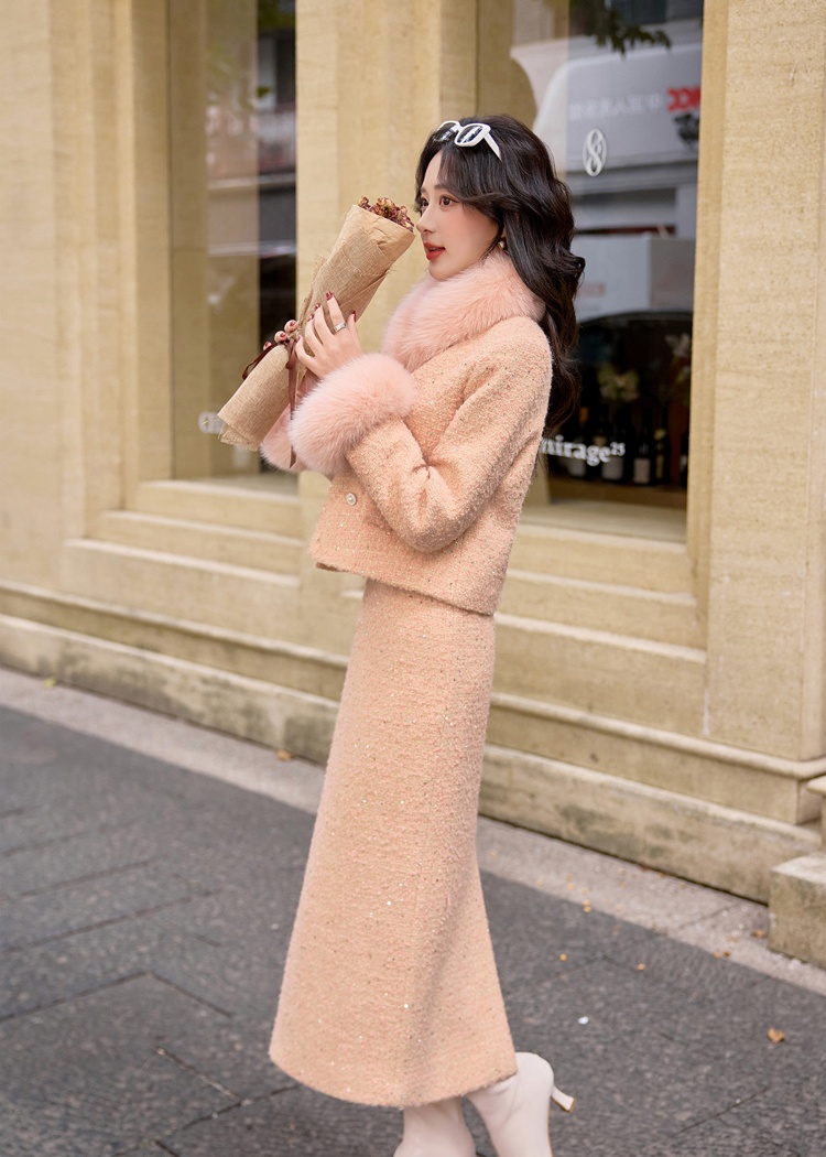 Winter fox fur skirt fiber wool long skirt a set