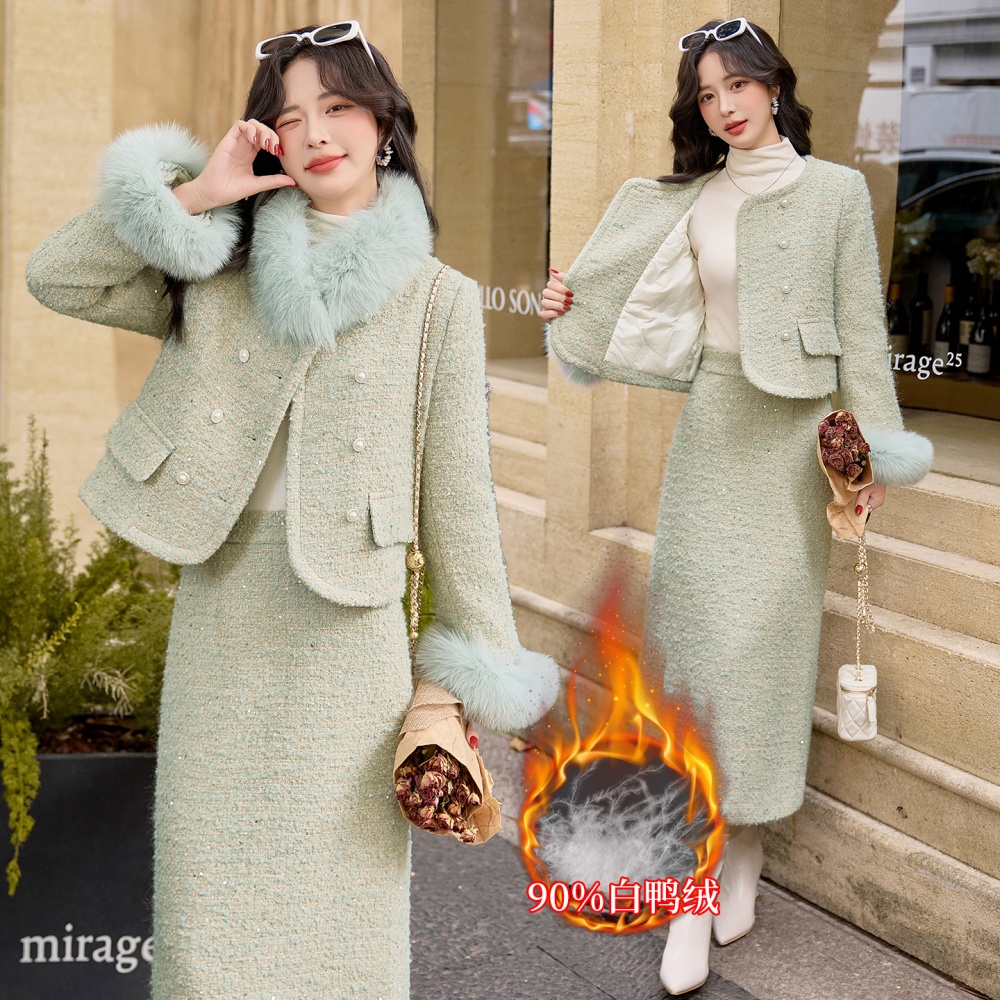 Winter fox fur skirt fiber wool long skirt a set