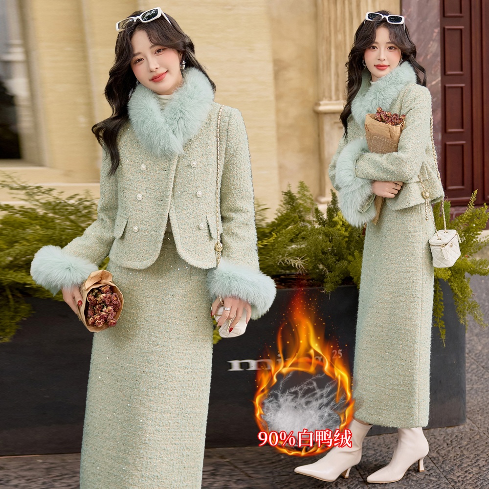 Winter fox fur skirt fiber wool long skirt a set