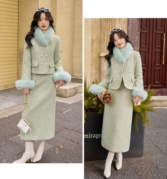 Winter fox fur skirt fiber wool long skirt a set