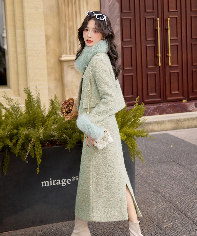 Winter fox fur skirt fiber wool long skirt a set