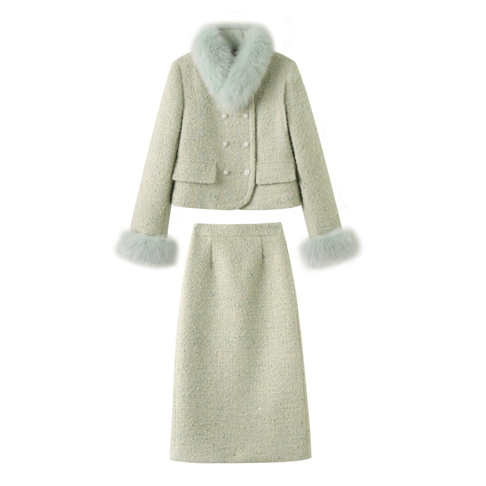 Winter fox fur skirt fiber wool long skirt a set