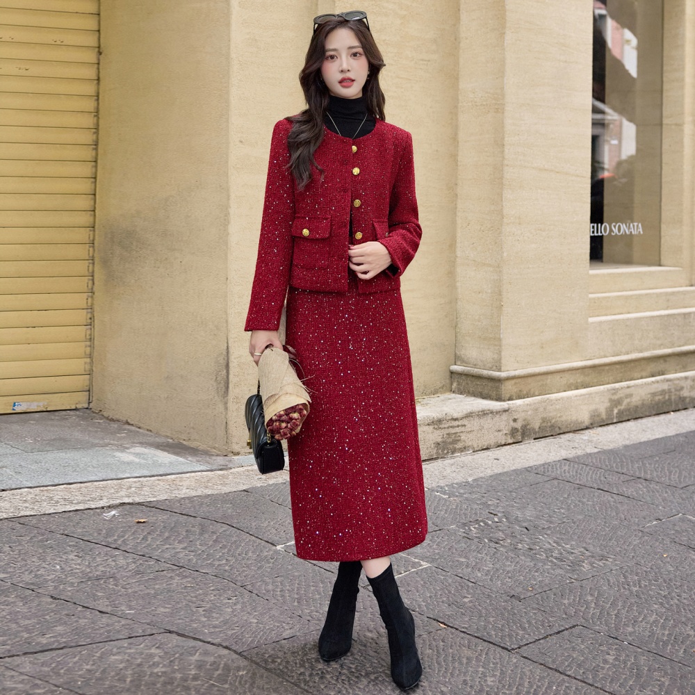 Winter down long skirt wool simple evening dress a set