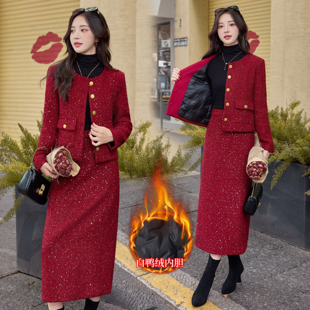 Winter down long skirt wool simple evening dress a set