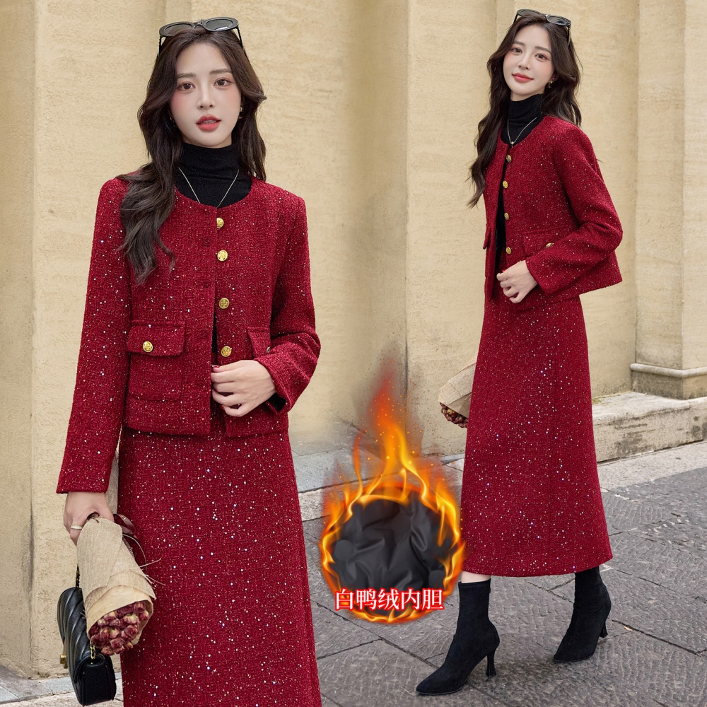 Winter down long skirt wool simple evening dress a set