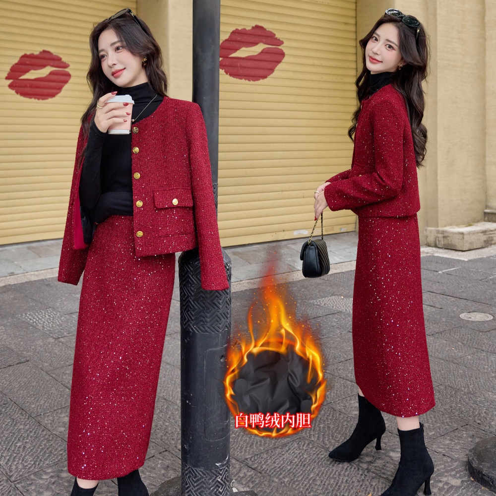 Winter down long skirt wool simple evening dress a set