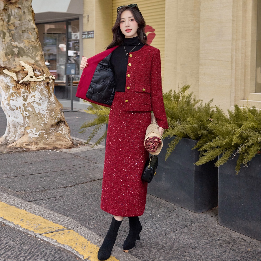 Winter down long skirt wool simple evening dress a set