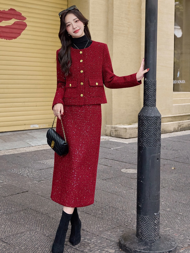 Winter down long skirt wool simple evening dress a set