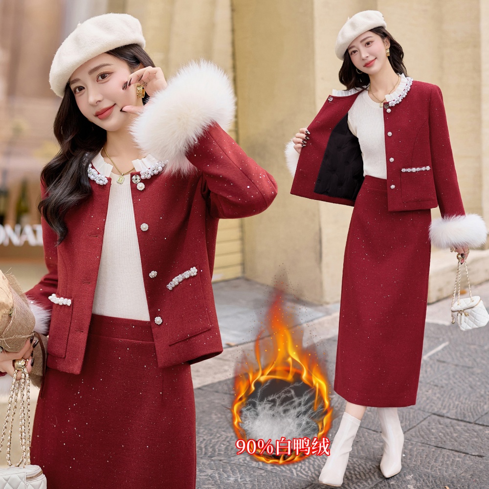 Duck down fox fur long skirt winter lace jacket a set