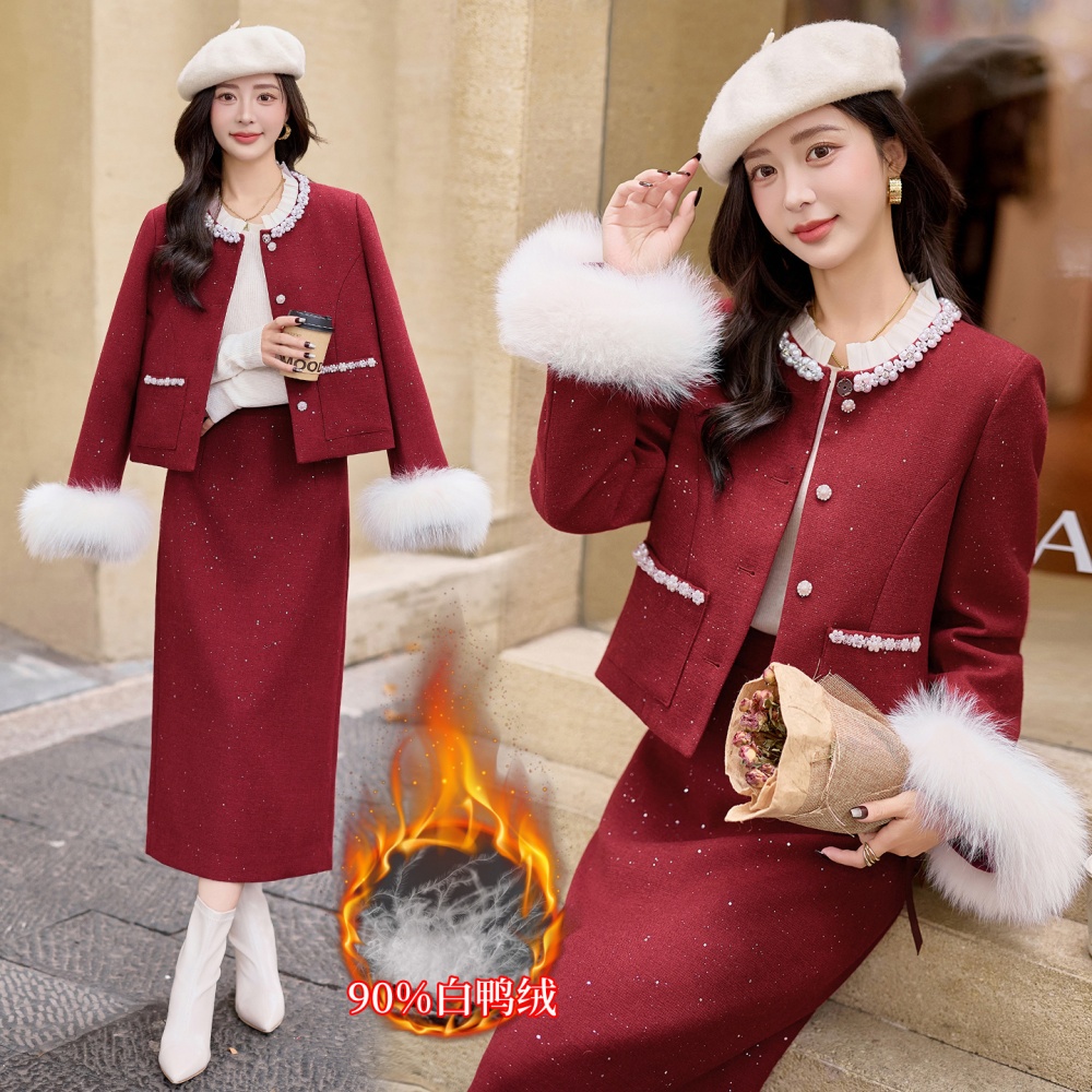 Duck down fox fur long skirt winter lace jacket a set