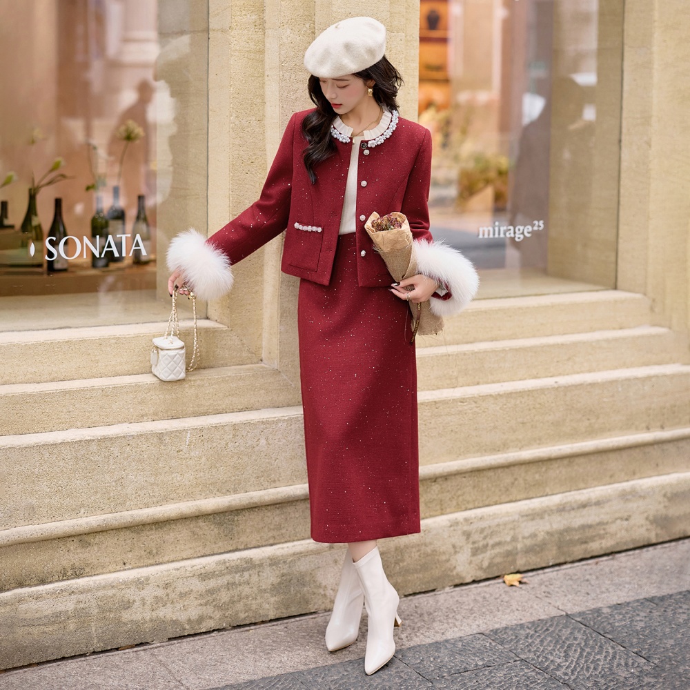 Duck down fox fur long skirt winter lace jacket a set