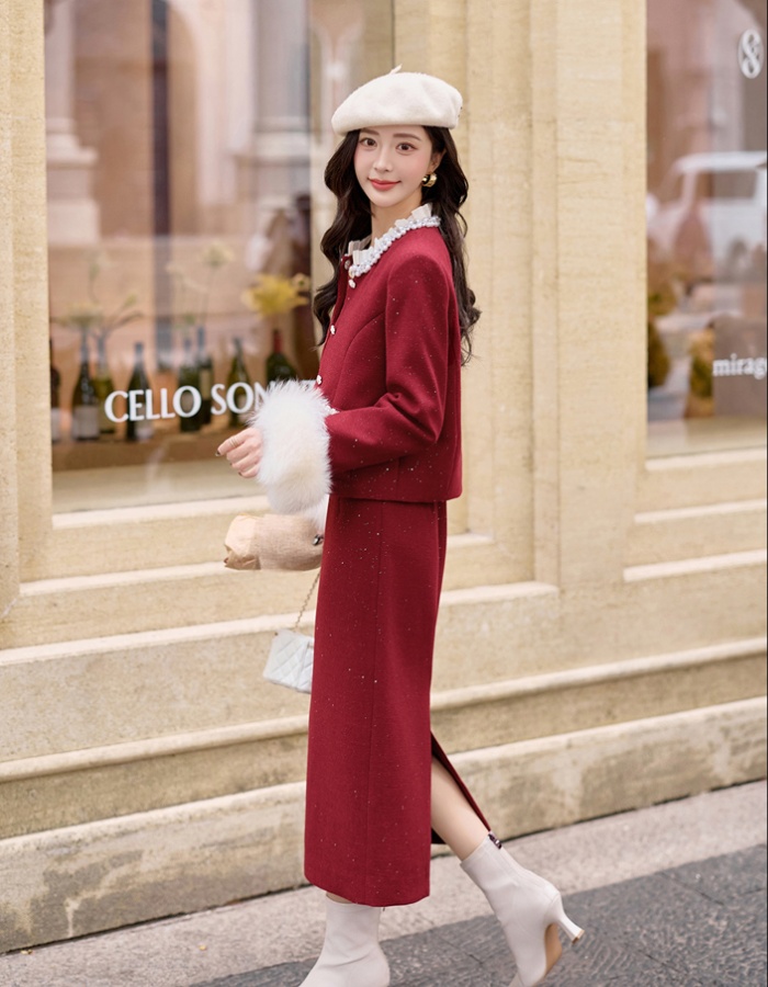 Duck down fox fur long skirt winter lace jacket a set