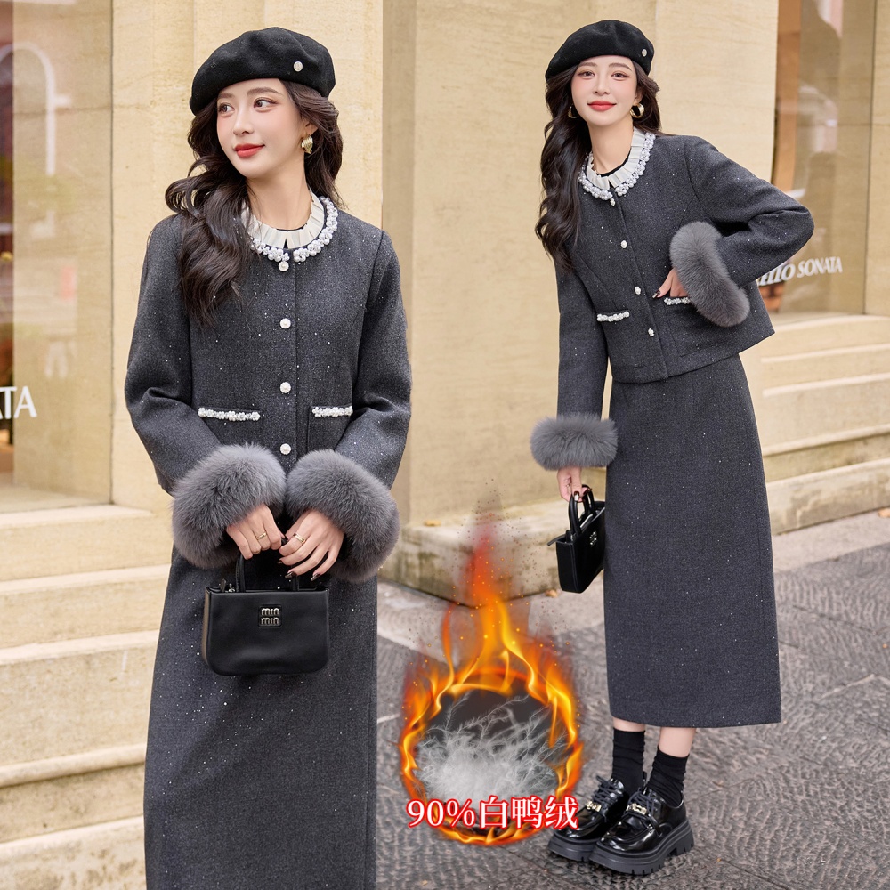 Duck down fox fur long skirt winter lace jacket a set