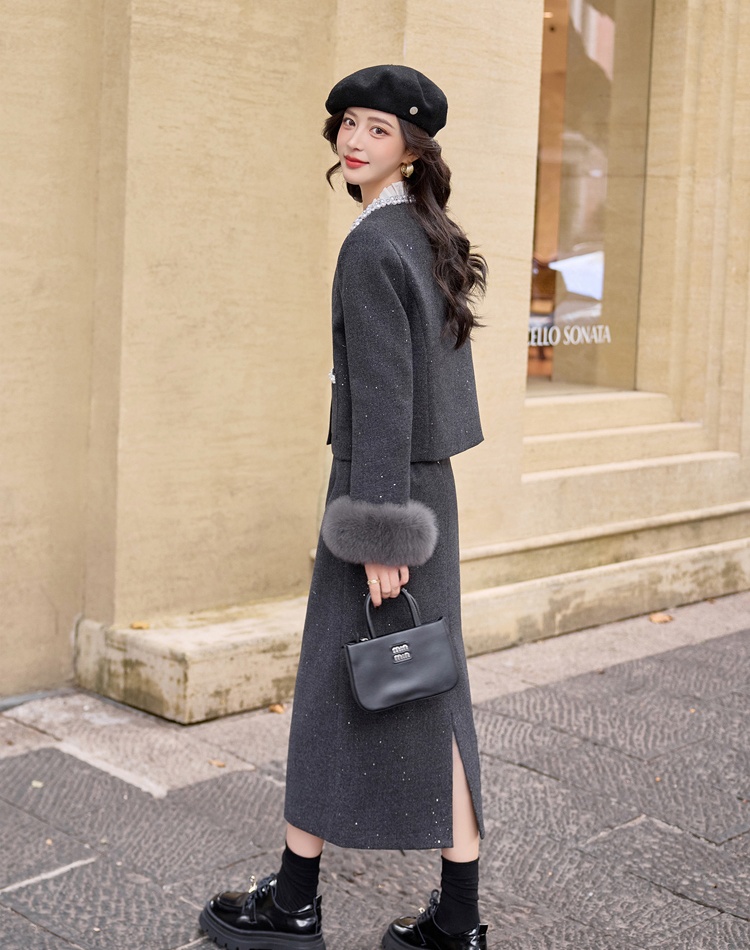 Duck down fox fur long skirt winter lace jacket a set