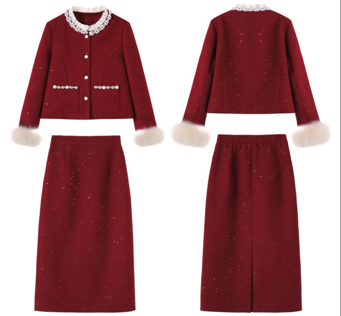 Duck down fox fur long skirt winter lace jacket a set