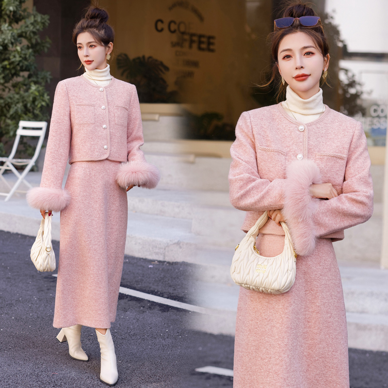 Duck down fox fur coat chanelstyle winter down coat a set