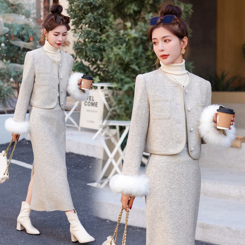 Duck down fox fur coat chanelstyle winter down coat a set