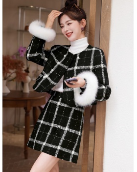 Chanelstyle plaid short skirt winter down coat a set