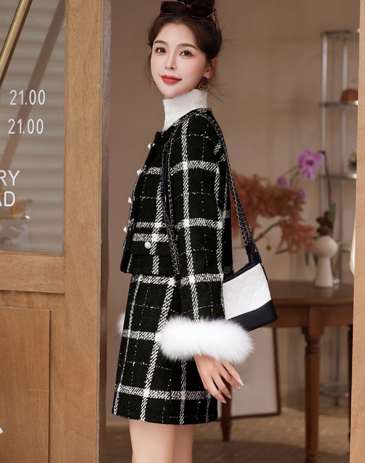 Chanelstyle plaid short skirt winter down coat a set