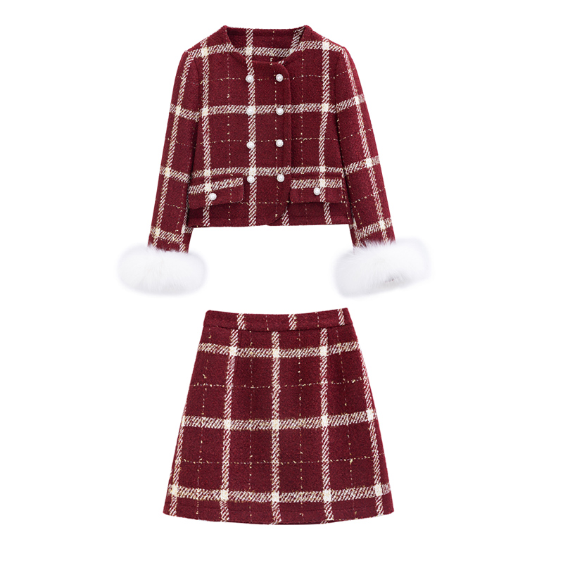 Chanelstyle plaid short skirt winter down coat a set