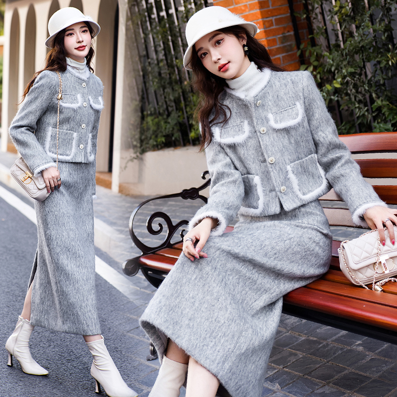 Duck down mink hair coat winter splice tops a set