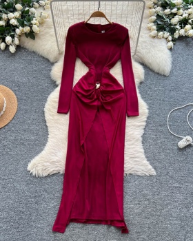 Niche European style long sleeve round neck split dress