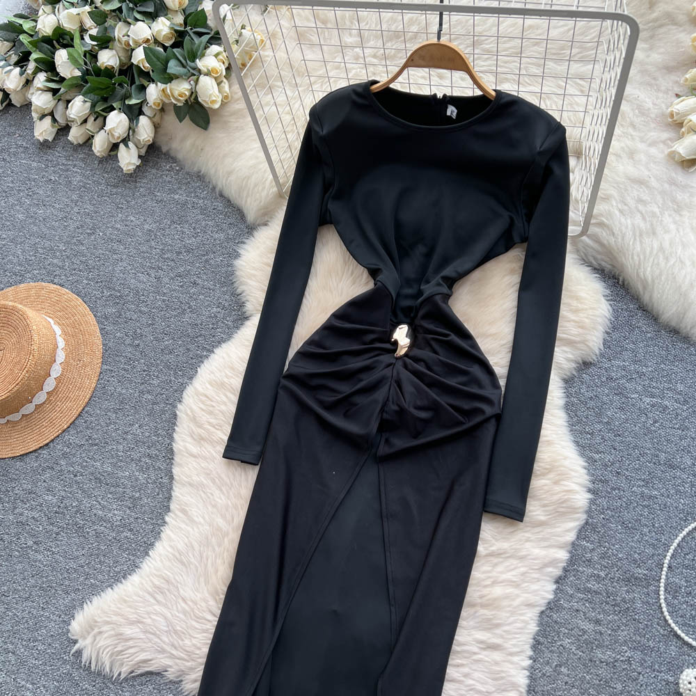 Niche European style long sleeve round neck split dress