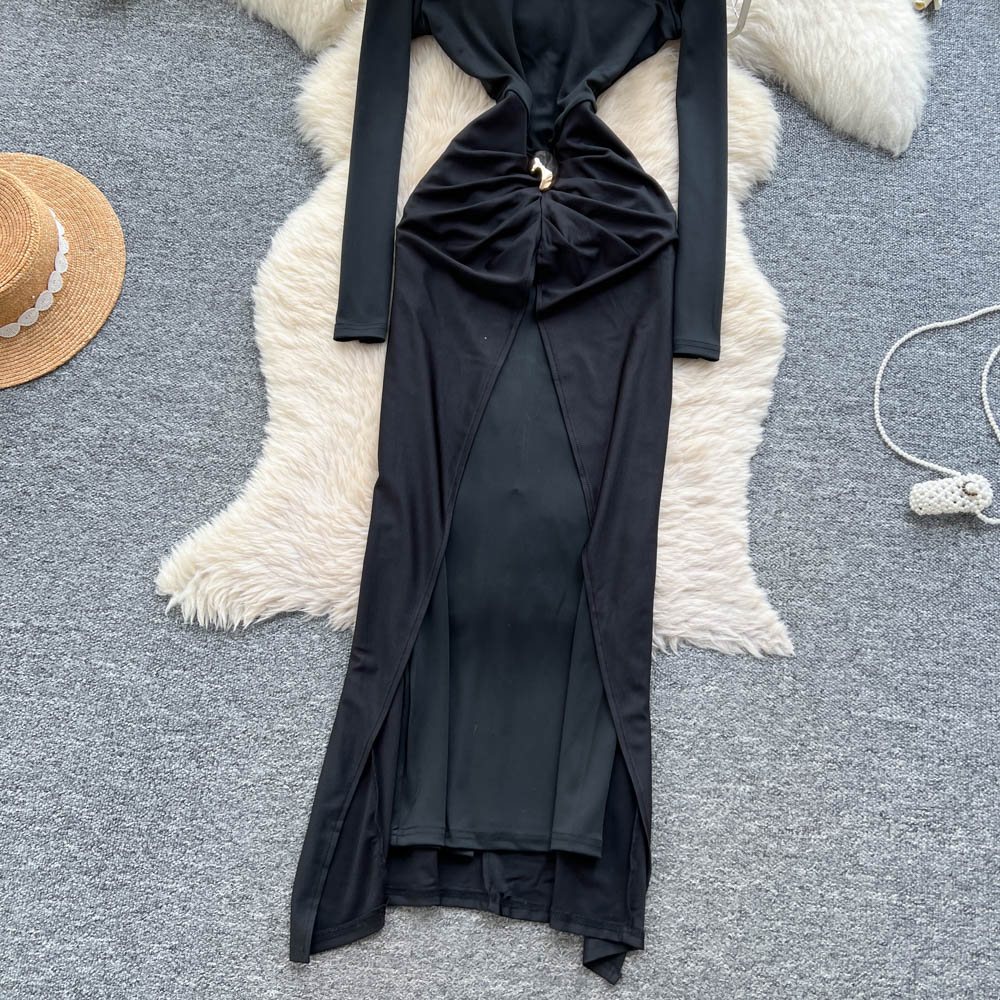 Niche European style long sleeve round neck split dress