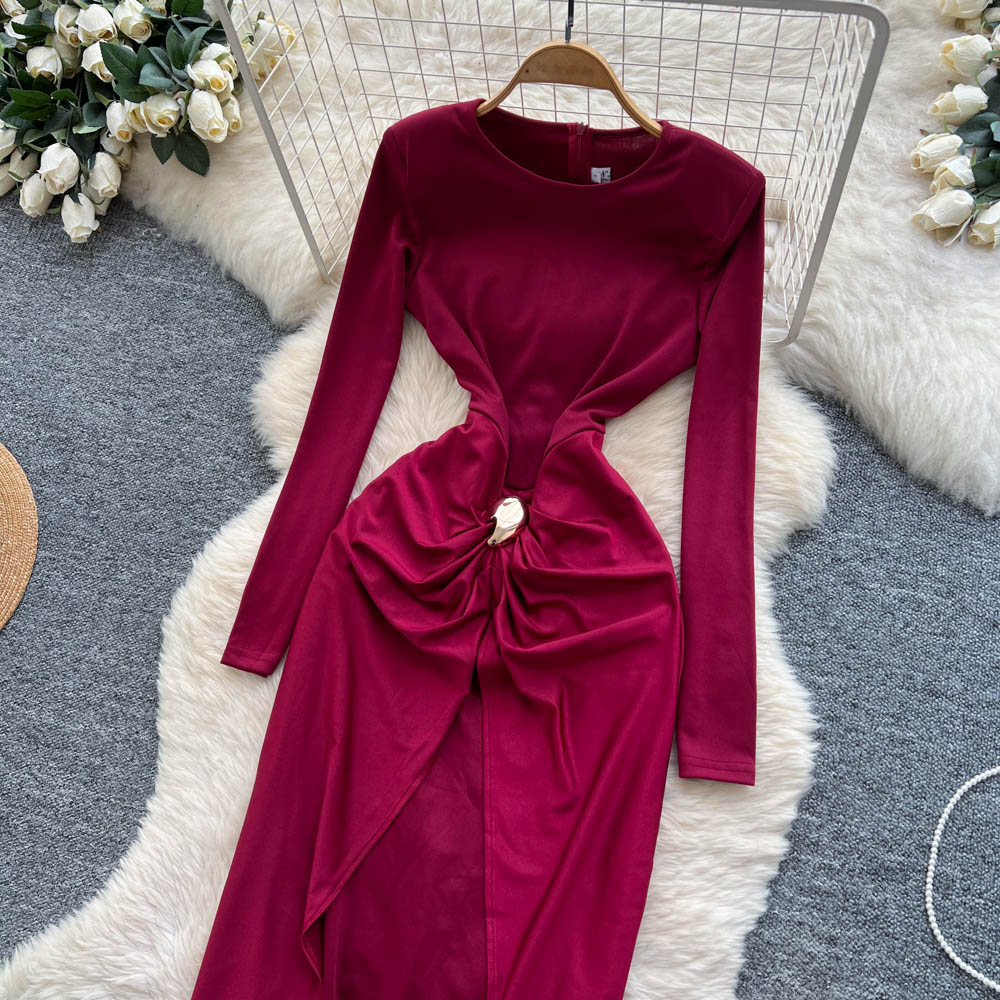 Niche European style long sleeve round neck split dress