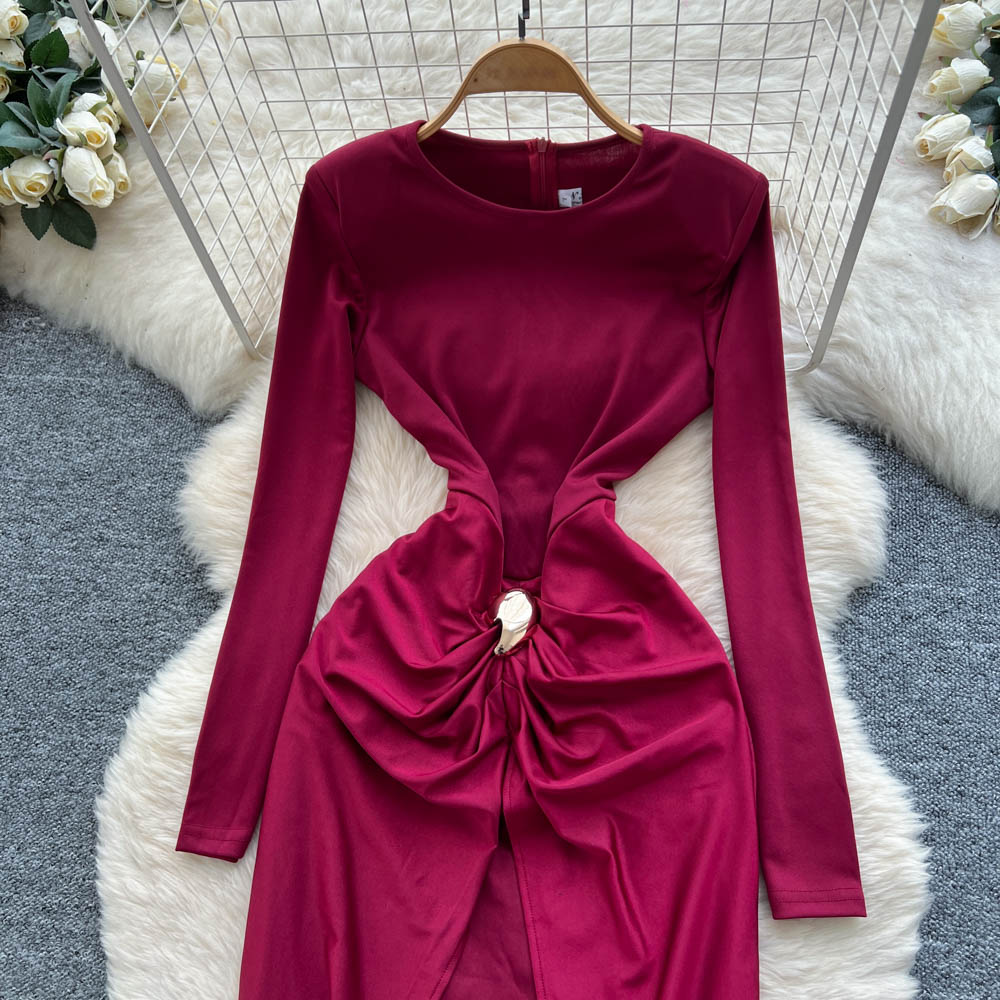 Niche European style long sleeve round neck split dress