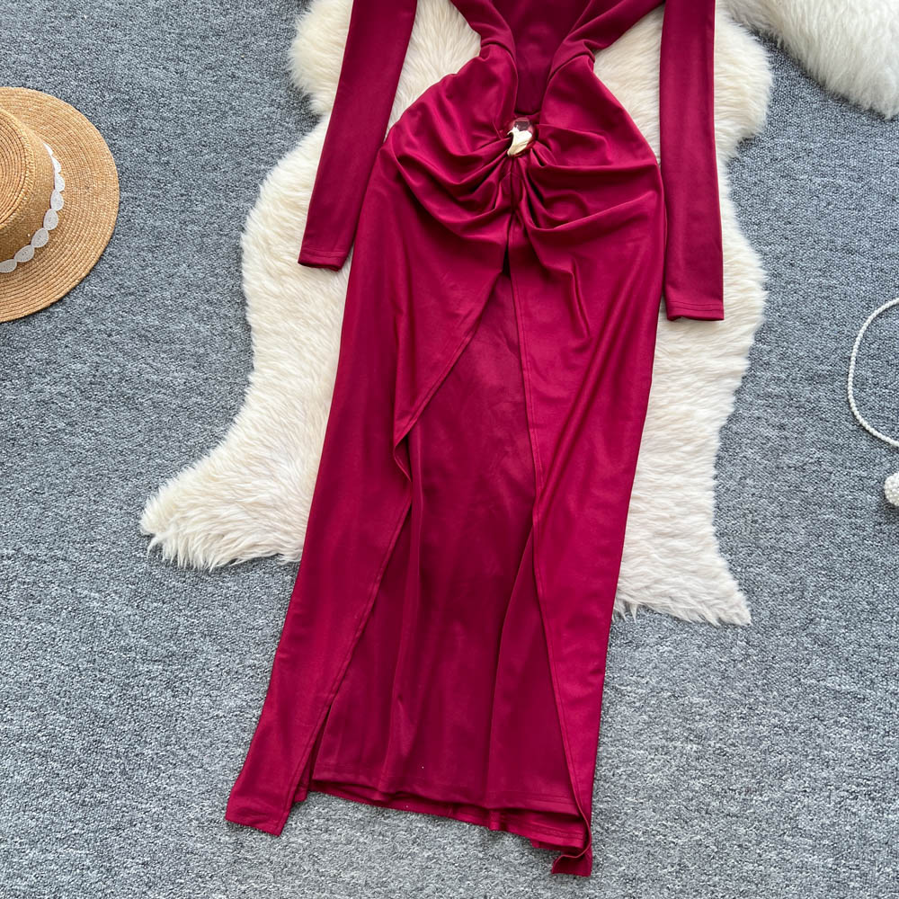 Niche European style long sleeve round neck split dress