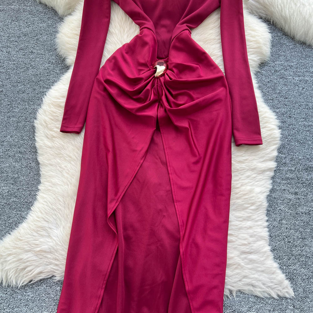 Niche European style long sleeve round neck split dress