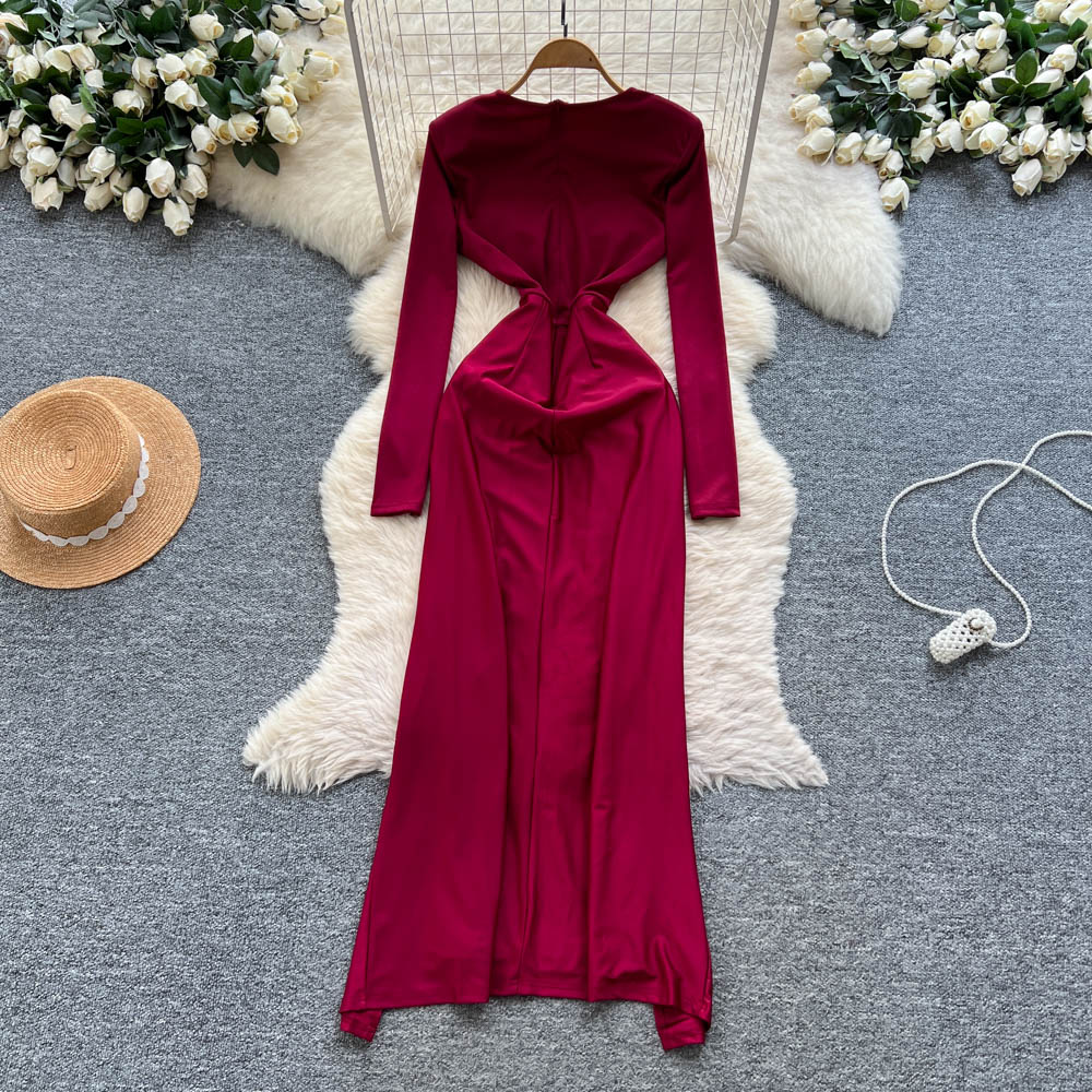 Niche European style long sleeve round neck split dress