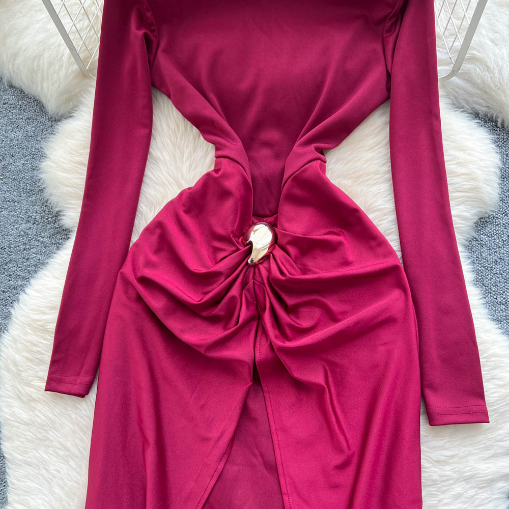 Niche European style long sleeve round neck split dress