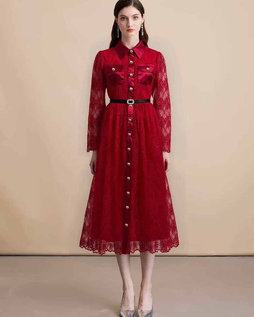 Slim elegant long dress pinched waist dress for women