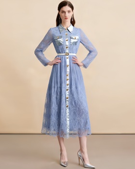 Lace with belt dress pinched waist elegant long dress
