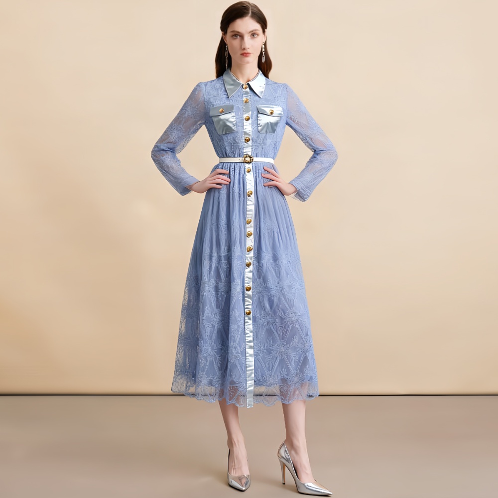 Lace with belt dress pinched waist elegant long dress