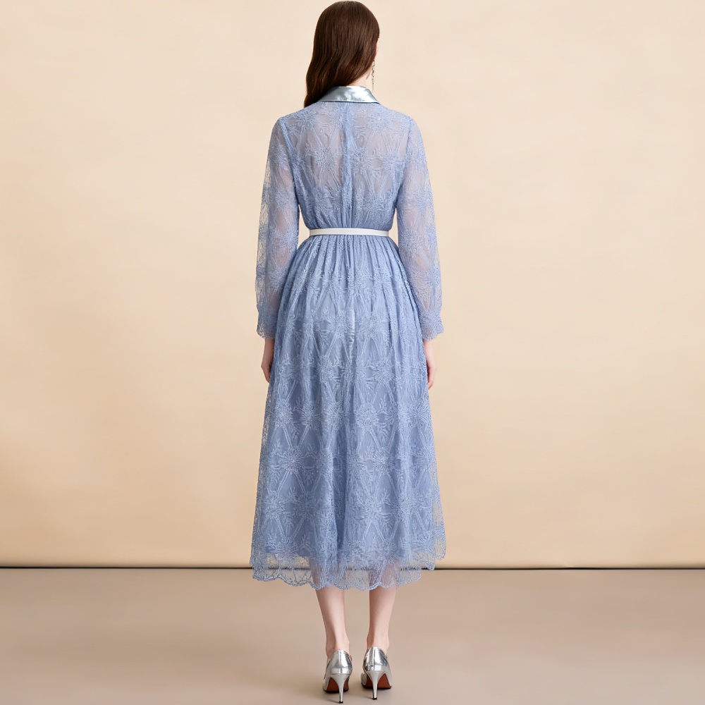 Lace with belt dress pinched waist elegant long dress