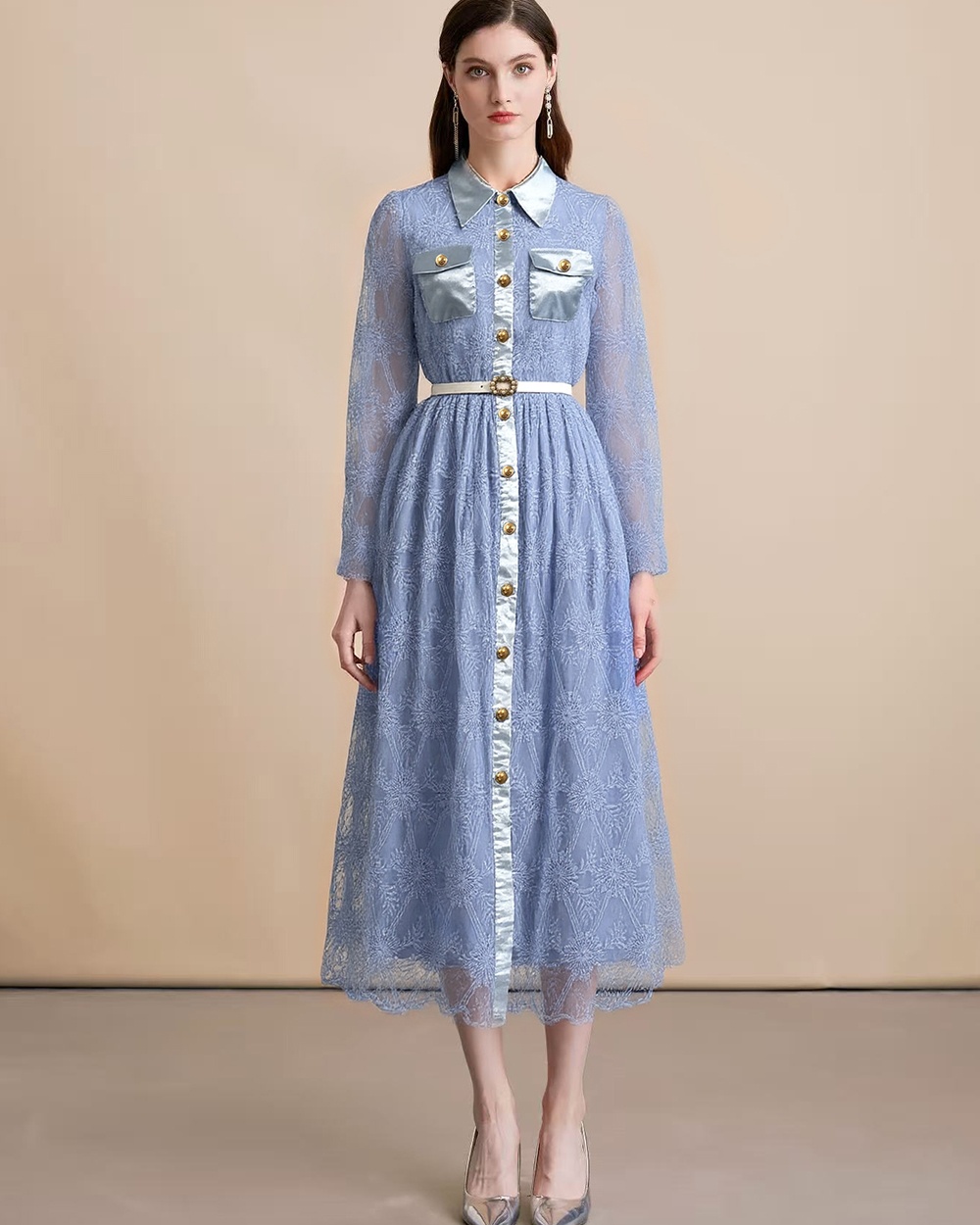 Lace with belt dress pinched waist elegant long dress