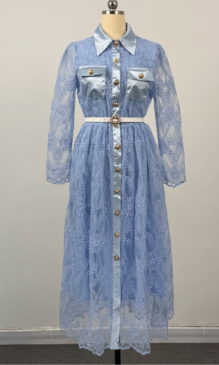 Lace with belt dress pinched waist elegant long dress