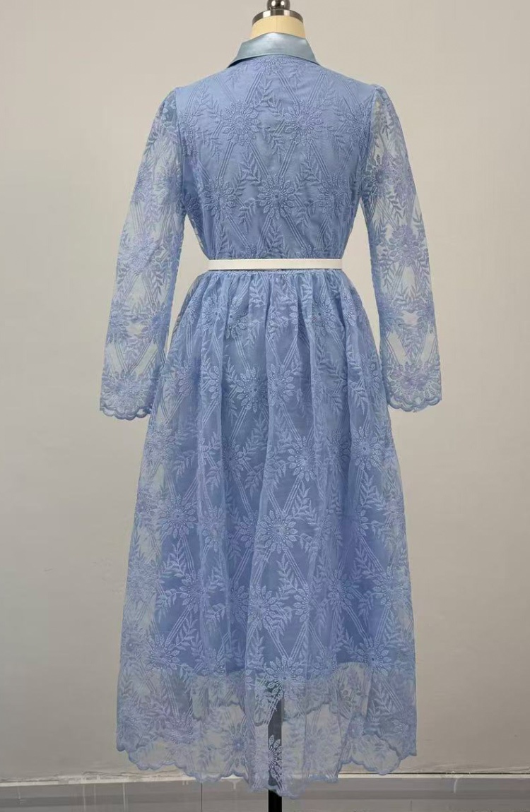 Lace with belt dress pinched waist elegant long dress