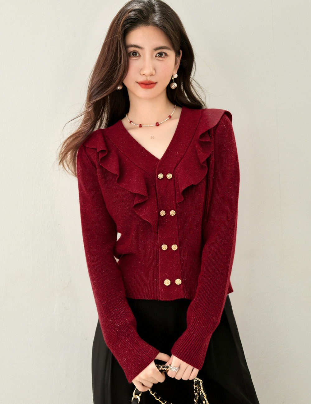 V-neck temperament bottoming shirt red slim tops for women