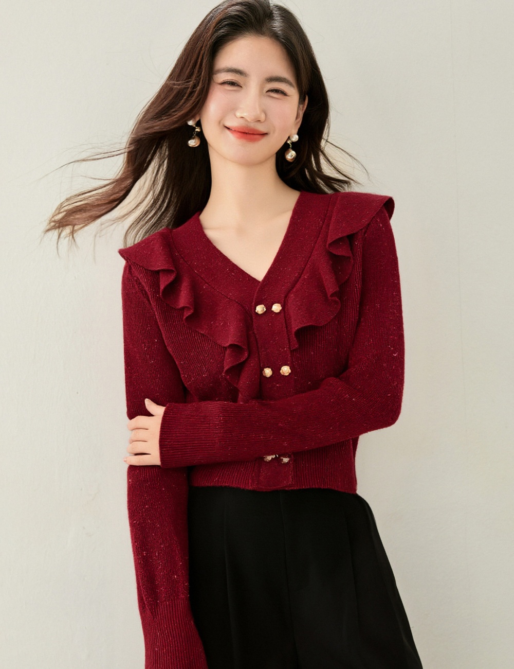 V-neck temperament bottoming shirt red slim tops for women