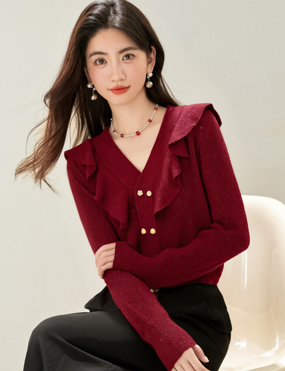 V-neck temperament bottoming shirt red slim tops for women