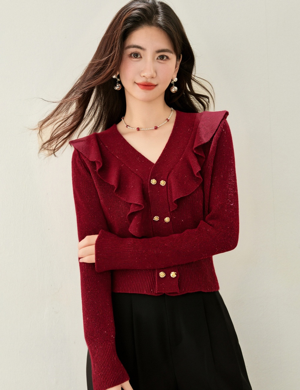 V-neck temperament bottoming shirt red slim tops for women