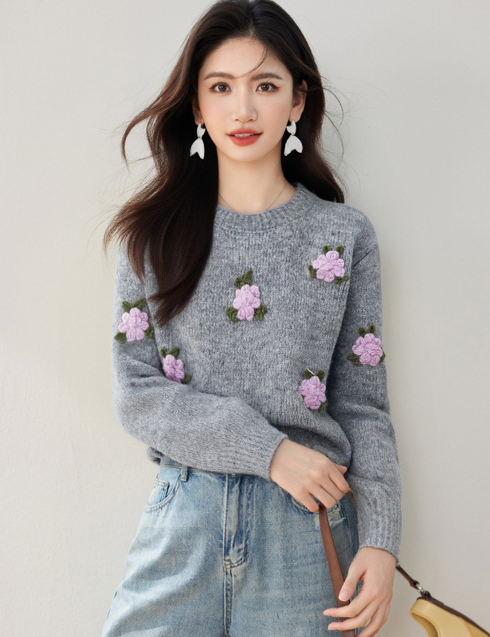 Flowers stereoscopic tops retro sweater for women