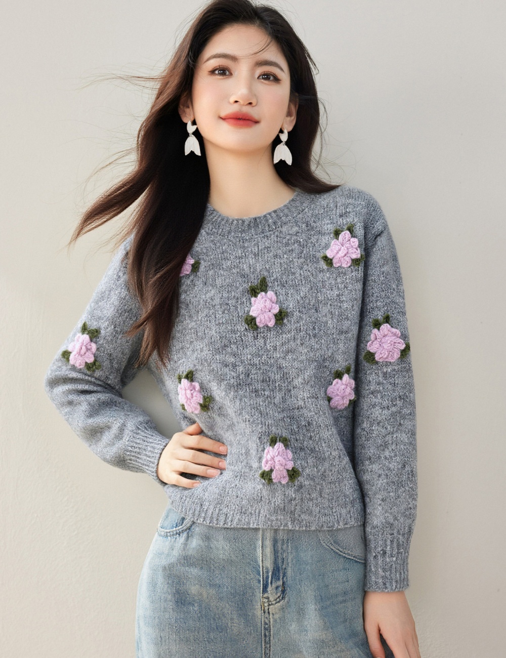 Flowers stereoscopic tops retro sweater for women