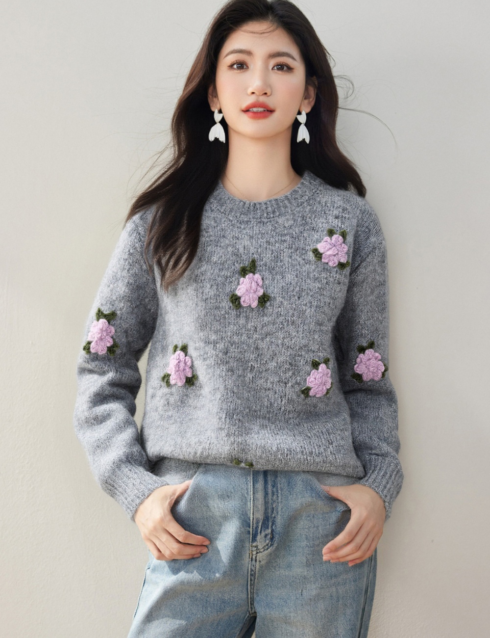 Flowers stereoscopic tops retro sweater for women